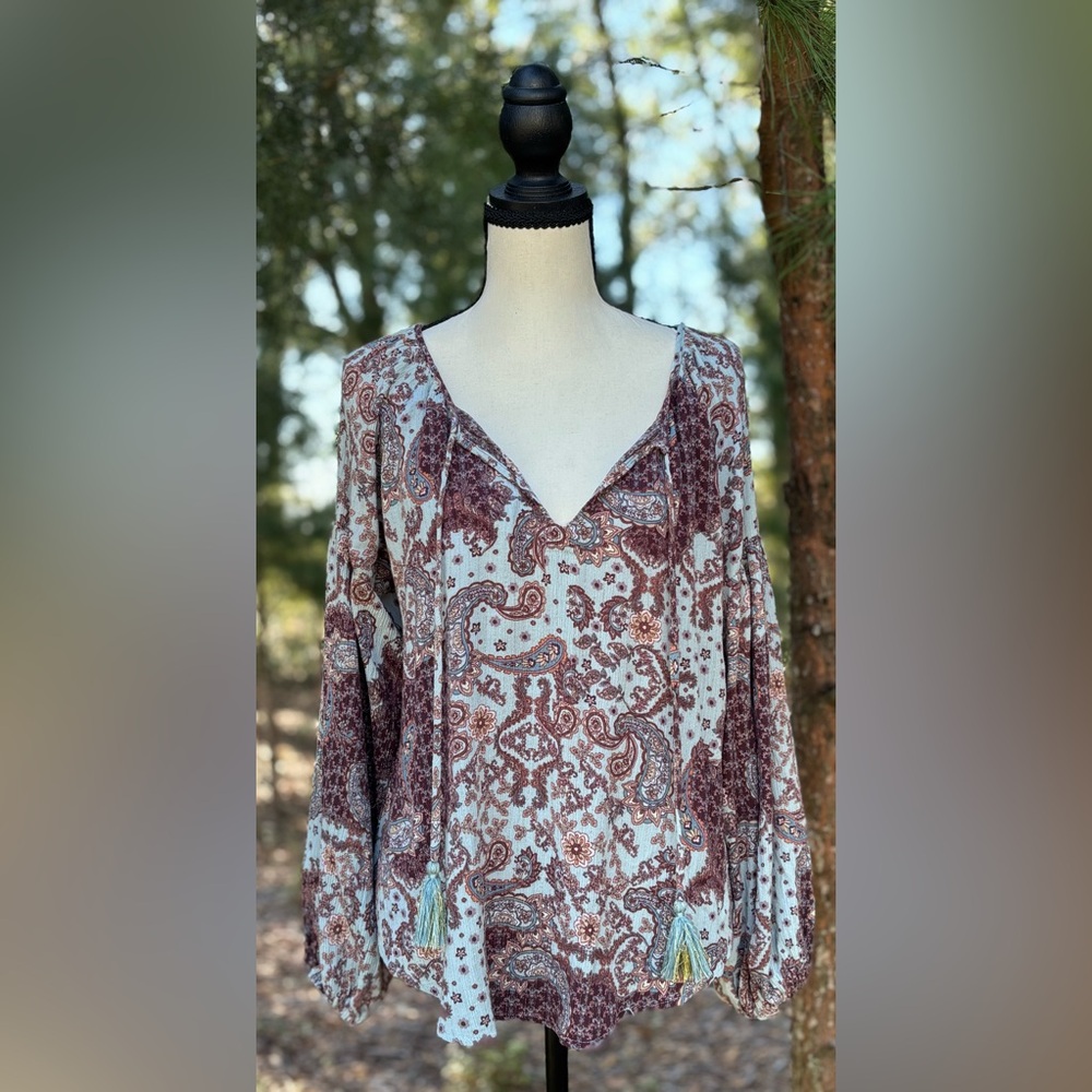 Paisley V-Neck Long Sleeve Blouse - Brown/Blue